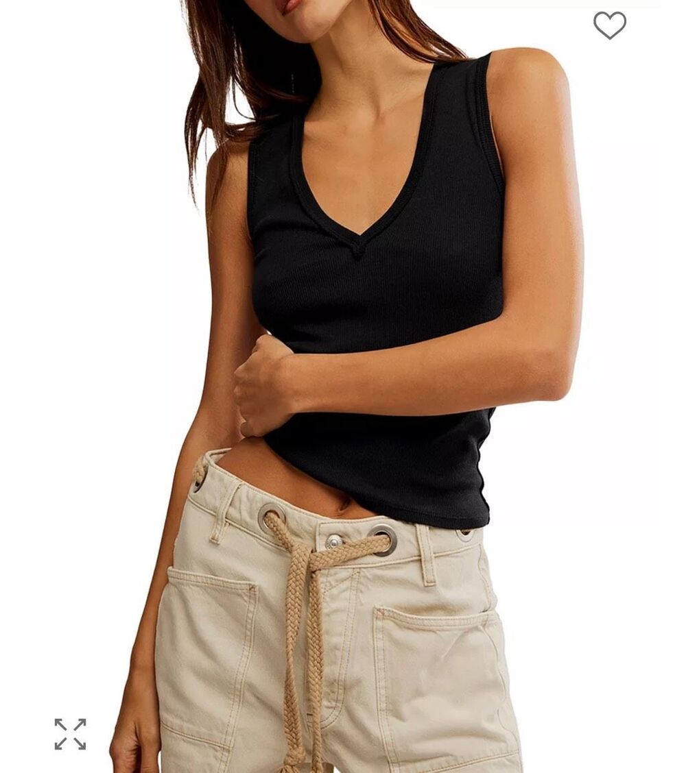 Free People X We The Free Neria V-Neck Tank Top black Women’s large NEW - Picture 1 of 4
